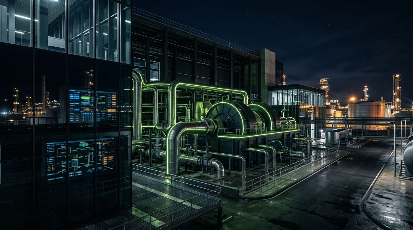 Process plant at night with a large pump and pipework outlined in green light beside a glass control building