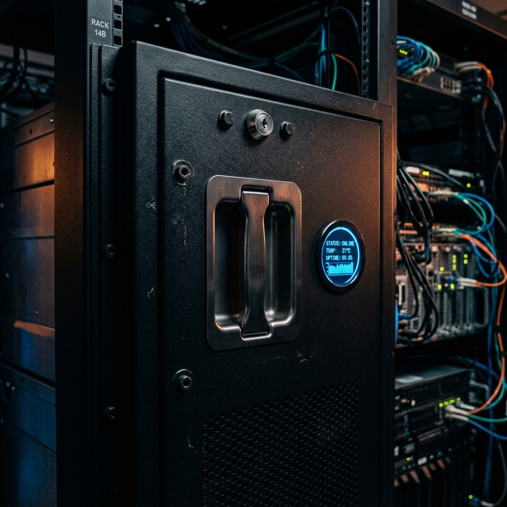 Locked server cabinet door in rack 14B with a small status display reading online, 21 °C, 99.9 % uptime