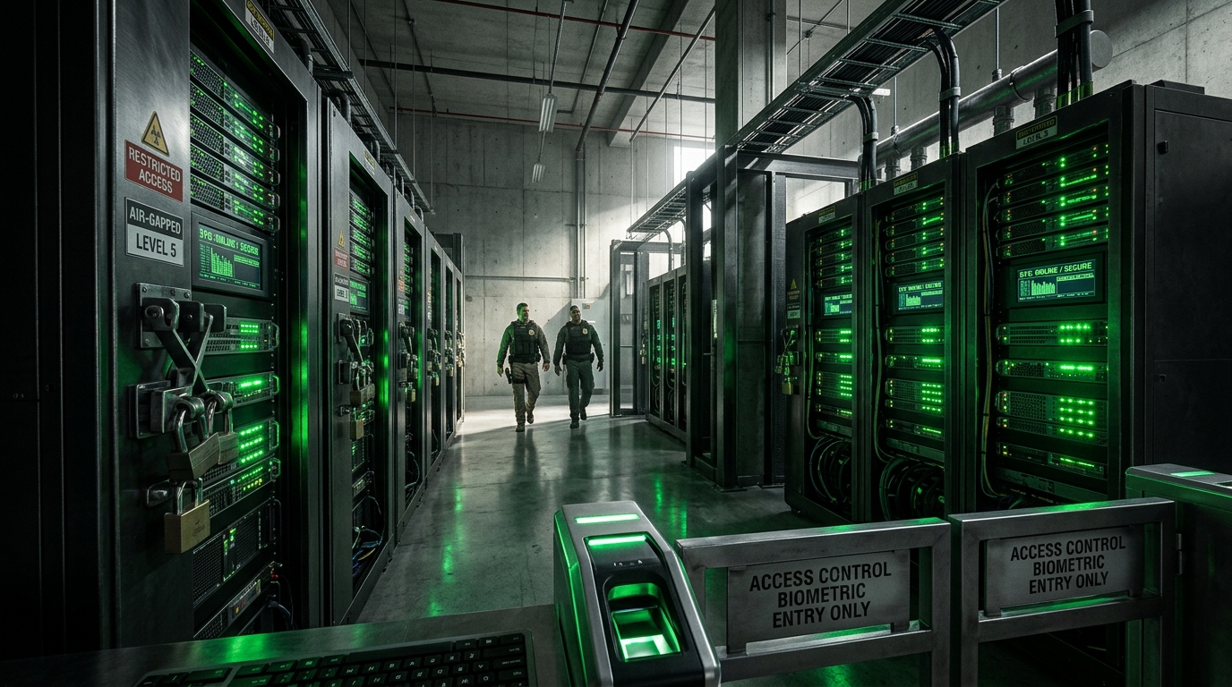 Air-gapped server hall with padlocked racks marked restricted access and a biometric entry turnstile, two guards walking the aisle